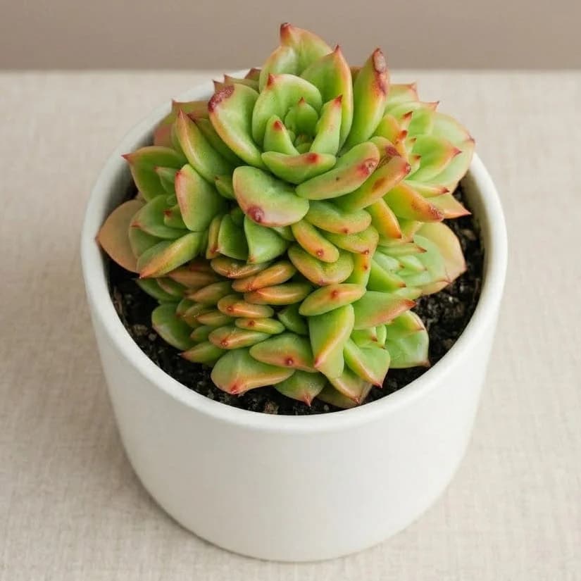 Echeveria Agavoides succulent with waxy firm green leaves and vivid red tips in a tight geometric rosette in a terracotta pot