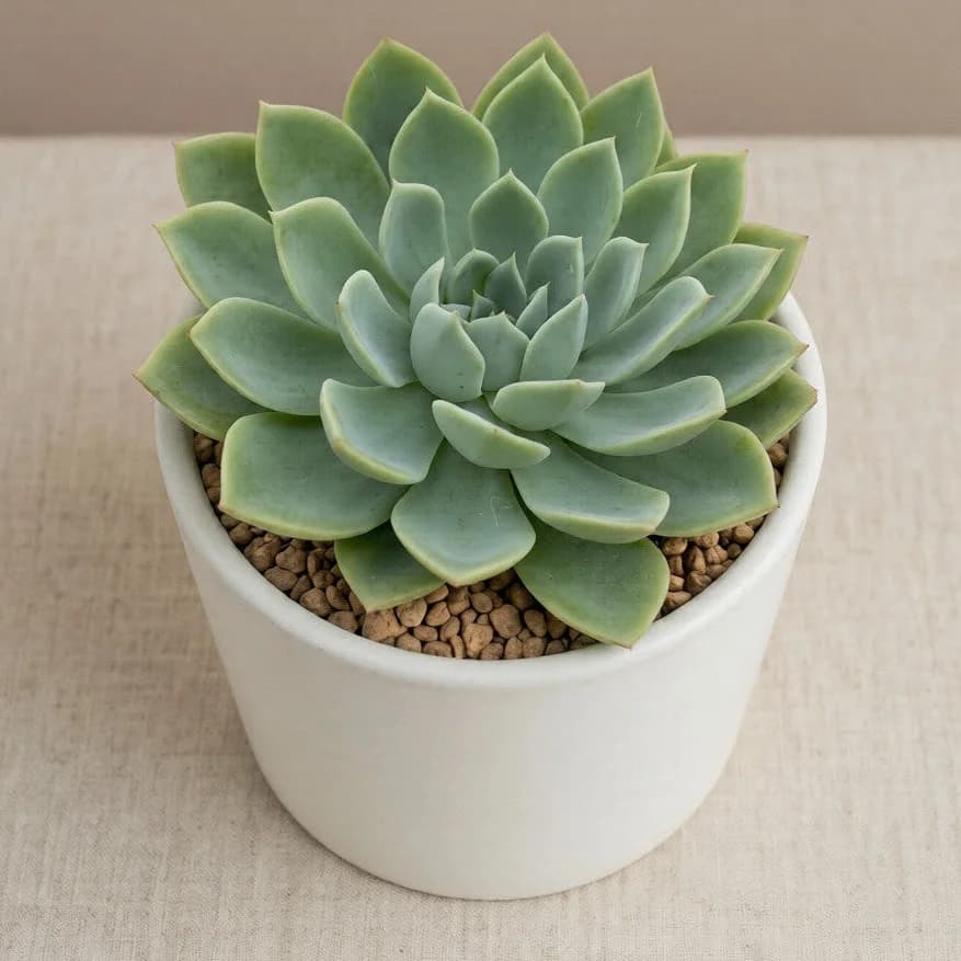 Green succulent plant in a white pot on a beige surface