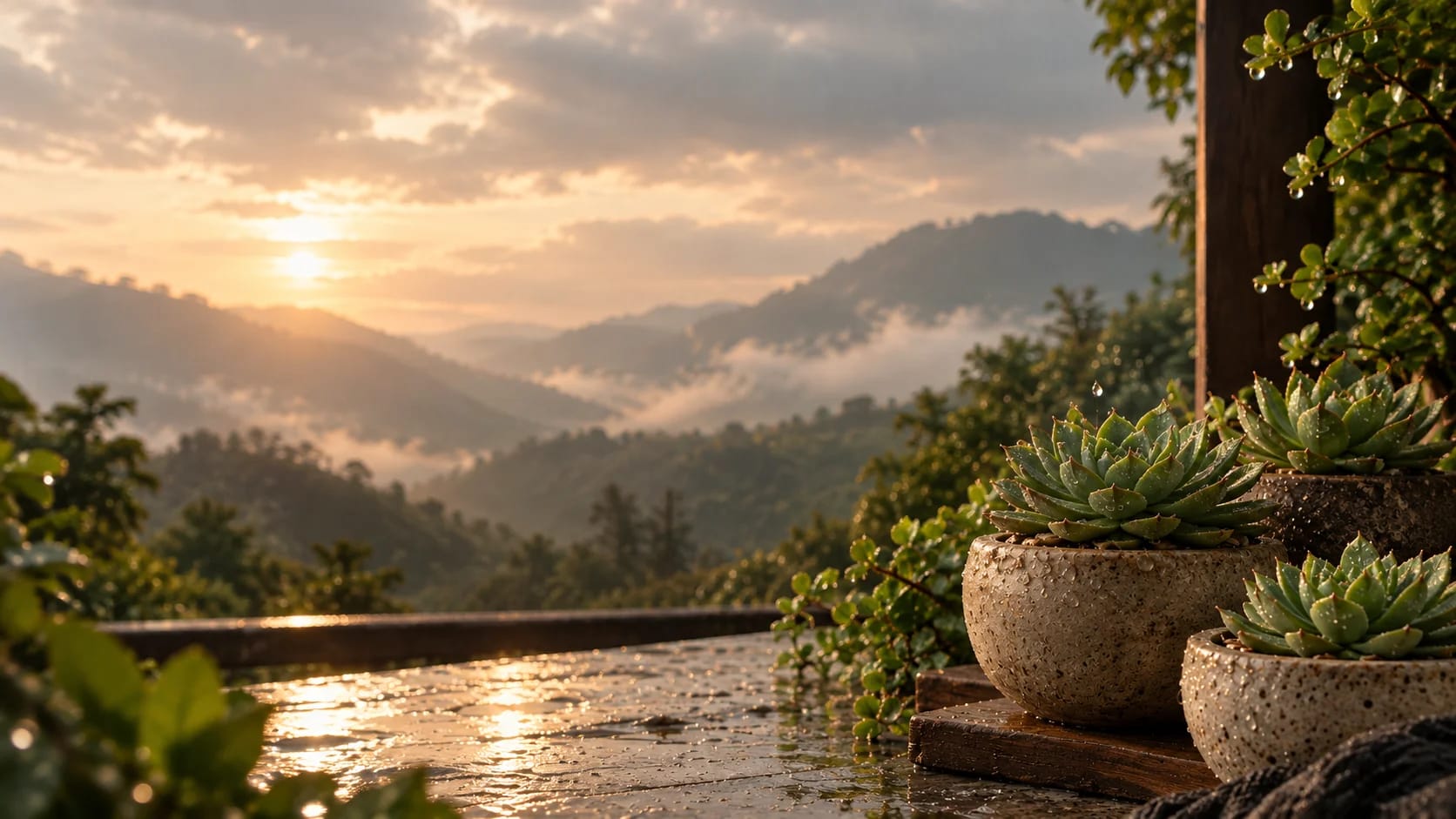 Sunlit succulent in a stone pot against misty monsoon hills